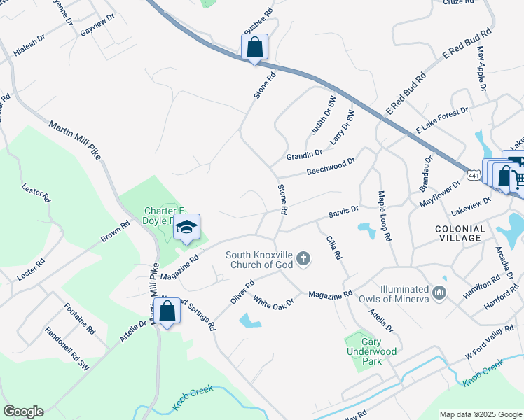 map of restaurants, bars, coffee shops, grocery stores, and more near 5417 Stoneoak Lane in Knoxville