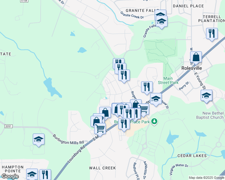 map of restaurants, bars, coffee shops, grocery stores, and more near 400 Grand Rock Way in Rolesville