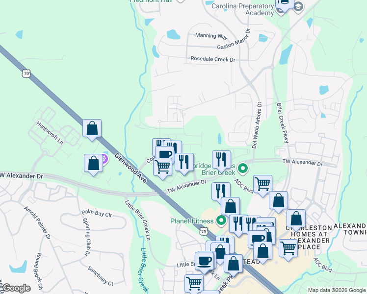 map of restaurants, bars, coffee shops, grocery stores, and more near 4228 Corners Parkway in Raleigh
