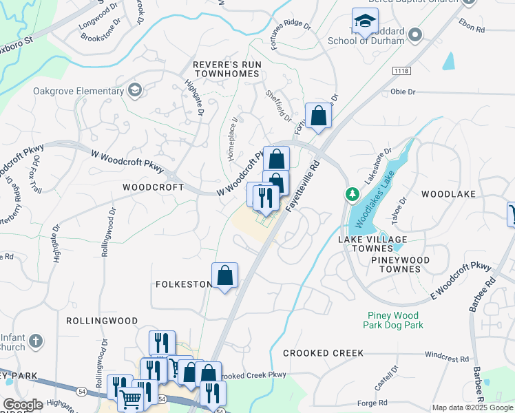 map of restaurants, bars, coffee shops, grocery stores, and more near 5836 Fayetteville Road in Durham