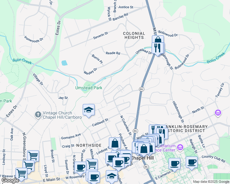 map of restaurants, bars, coffee shops, grocery stores, and more near 718 North Columbia Street in Chapel Hill
