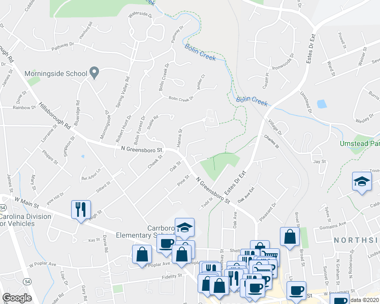 map of restaurants, bars, coffee shops, grocery stores, and more near 1300 North Greensboro Street in Carrboro