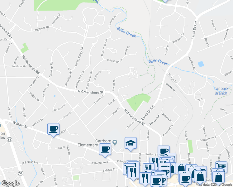 map of restaurants, bars, coffee shops, grocery stores, and more near 1300 North Greensboro Street in Carrboro