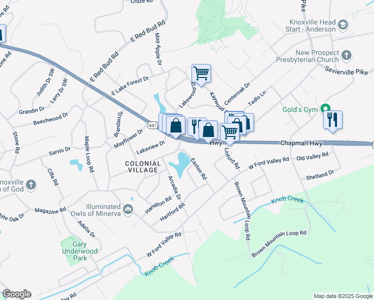 map of restaurants, bars, coffee shops, grocery stores, and more near 6004 Easton Road in Knoxville