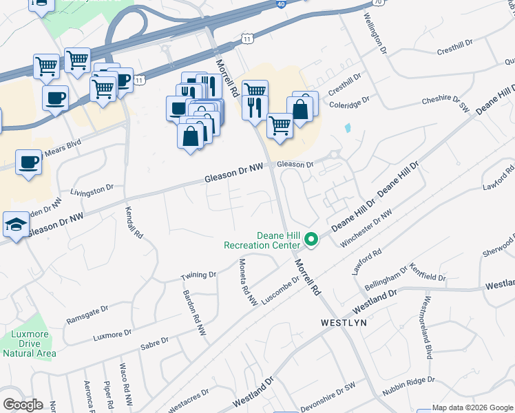map of restaurants, bars, coffee shops, grocery stores, and more near 527 Morrell Road in Knoxville