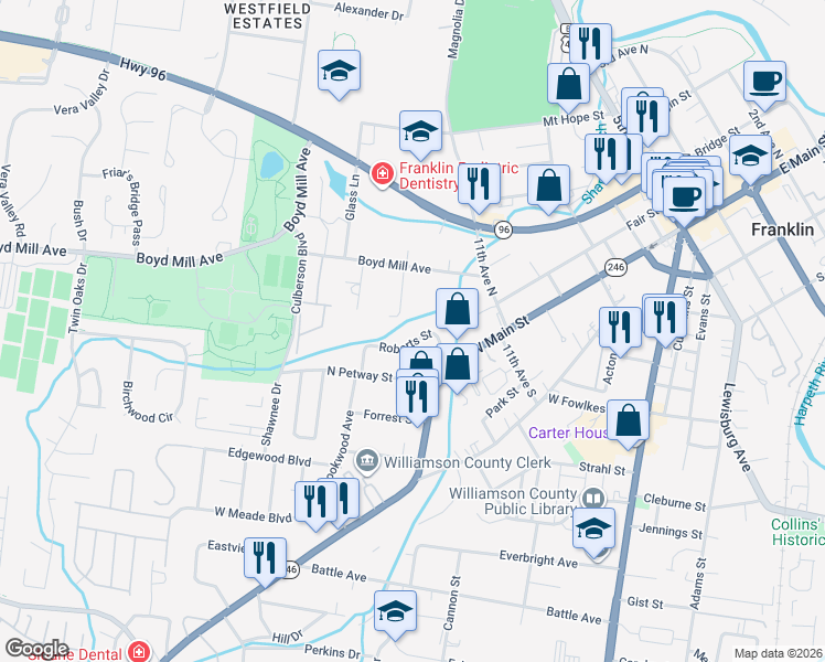 map of restaurants, bars, coffee shops, grocery stores, and more near 407 Roberts Street in Franklin