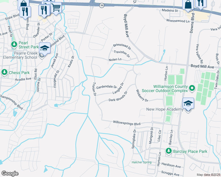 map of restaurants, bars, coffee shops, grocery stores, and more near 3205 Gardendale Drive in Franklin