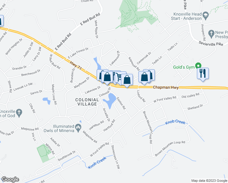 map of restaurants, bars, coffee shops, grocery stores, and more near 6004 Easton Road in Knoxville