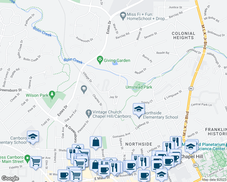 map of restaurants, bars, coffee shops, grocery stores, and more near 21 Bluff Trail in Chapel Hill