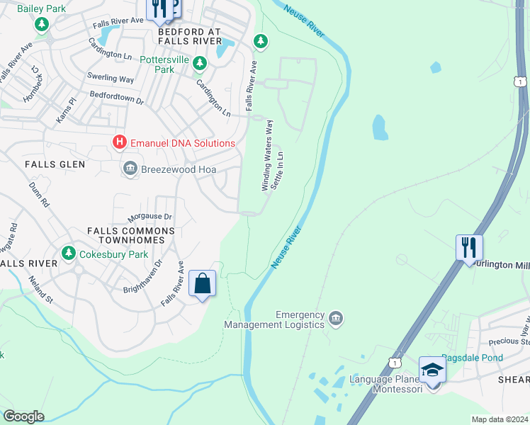 map of restaurants, bars, coffee shops, grocery stores, and more near 2918 Settle in Lane in Raleigh