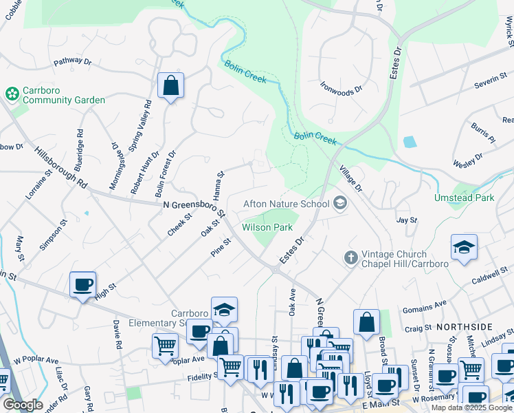 map of restaurants, bars, coffee shops, grocery stores, and more near 103 Jones Lake Road in Carrboro