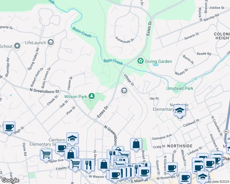 map of restaurants, bars, coffee shops, grocery stores, and more near 201 Estes Drive in Carrboro