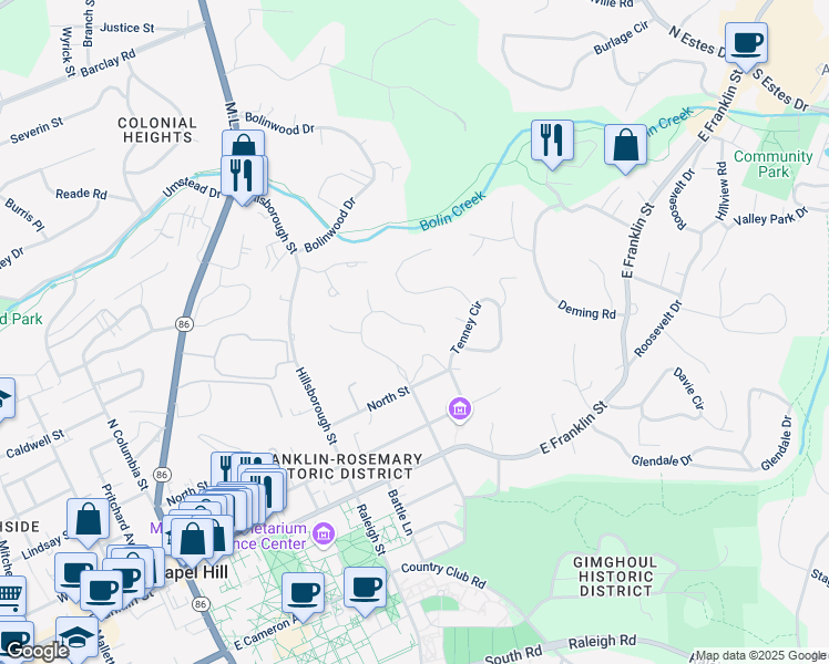 map of restaurants, bars, coffee shops, grocery stores, and more near 508 North Boundary Street in Chapel Hill