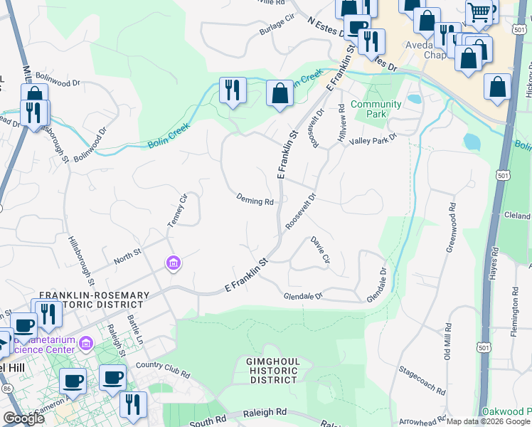 map of restaurants, bars, coffee shops, grocery stores, and more near 438A Deming Road in Chapel Hill
