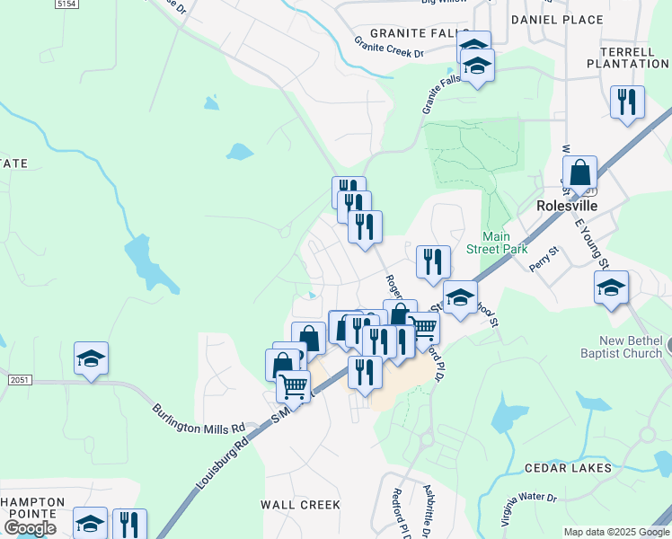 map of restaurants, bars, coffee shops, grocery stores, and more near 200 Grand Rock Way in Rolesville