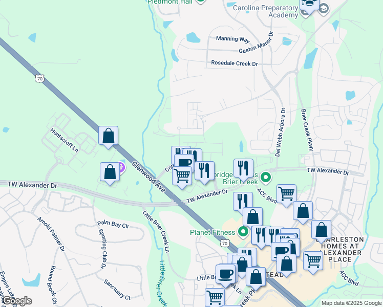 map of restaurants, bars, coffee shops, grocery stores, and more near 4228 Corners Parkway in Raleigh