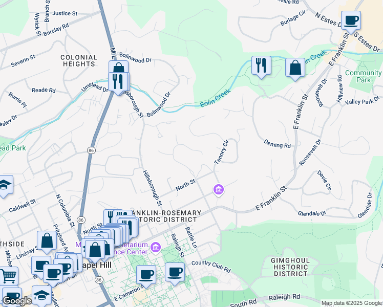 map of restaurants, bars, coffee shops, grocery stores, and more near 508 North Boundary Street in Chapel Hill