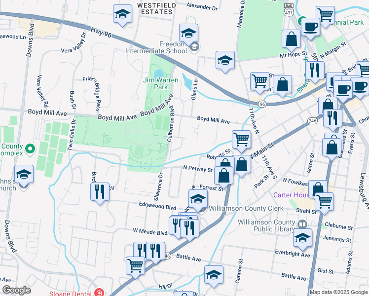 map of restaurants, bars, coffee shops, grocery stores, and more near 601 Boyd Mill Avenue in Franklin