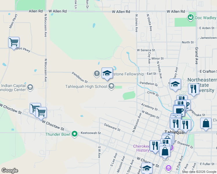 map of restaurants, bars, coffee shops, grocery stores, and more near 591 Pendleton Street in Tahlequah