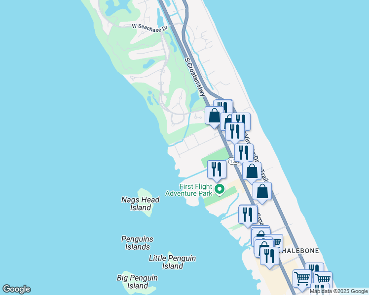 map of restaurants, bars, coffee shops, grocery stores, and more near 311 West Lakeside Street in Kill Devil Hills