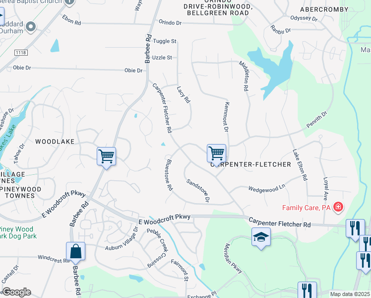 map of restaurants, bars, coffee shops, grocery stores, and more near 823 Carpenter Fletcher Road in Durham