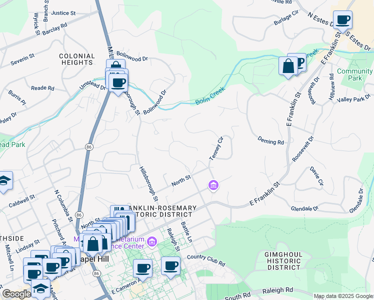 map of restaurants, bars, coffee shops, grocery stores, and more near 508 North Boundary Street in Chapel Hill