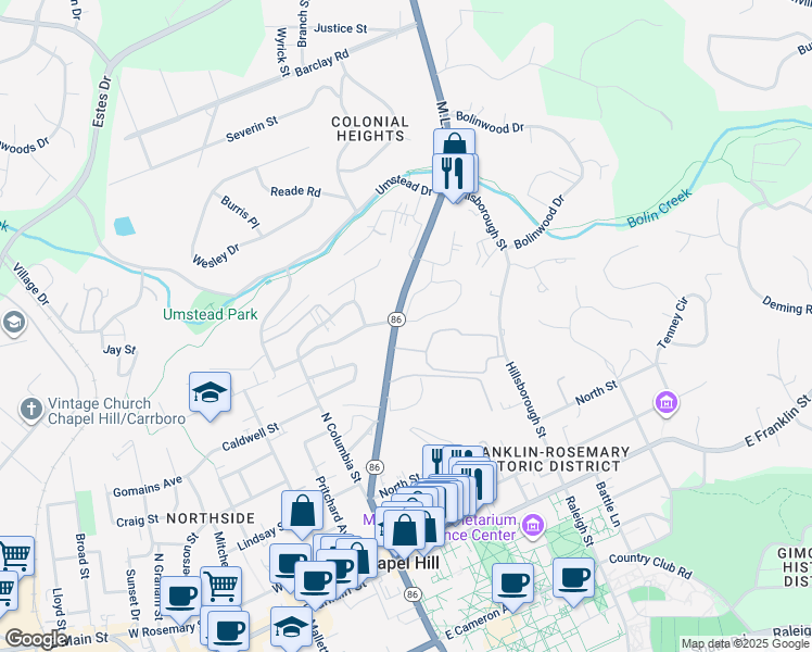 map of restaurants, bars, coffee shops, grocery stores, and more near 696 Martin Luther King Junior Boulevard in Chapel Hill
