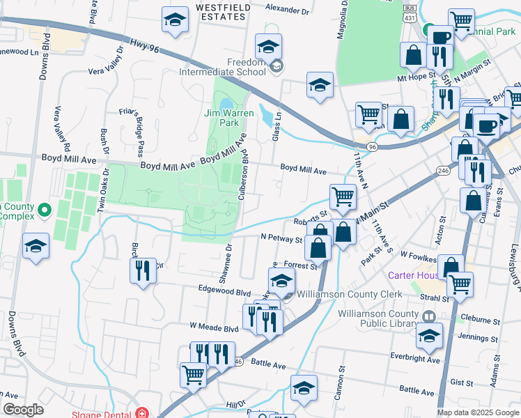 map of restaurants, bars, coffee shops, grocery stores, and more near 601 Boyd Mill Avenue in Franklin