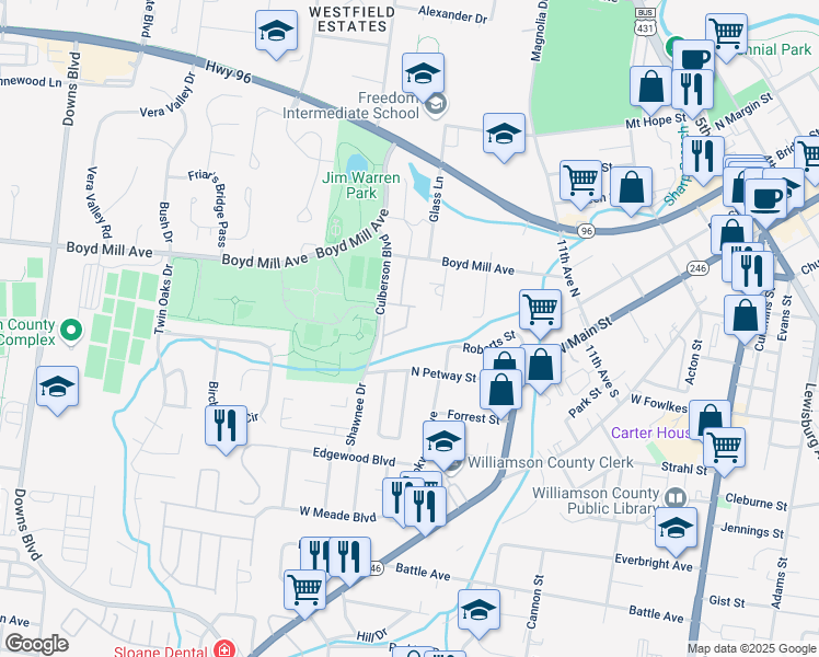map of restaurants, bars, coffee shops, grocery stores, and more near 601 Boyd Mill Avenue in Franklin