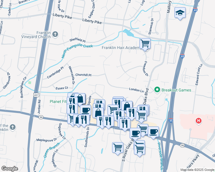 map of restaurants, bars, coffee shops, grocery stores, and more near 206 London Lane in Franklin