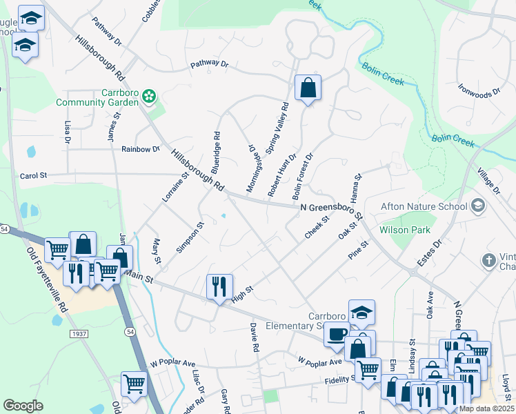 map of restaurants, bars, coffee shops, grocery stores, and more near 1703 North Greensboro Street in Carrboro