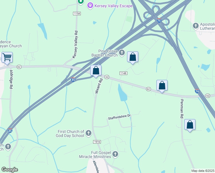 map of restaurants, bars, coffee shops, grocery stores, and more near 7006 Bluewood Court in High Point