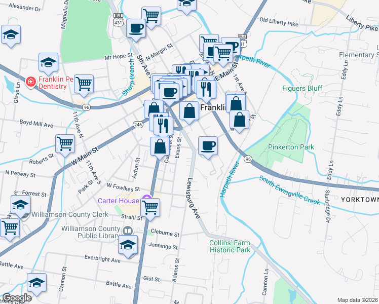 map of restaurants, bars, coffee shops, grocery stores, and more near 100 Lewisburg Avenue in Franklin