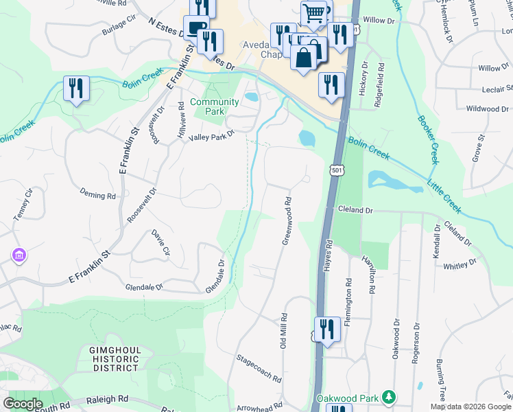 map of restaurants, bars, coffee shops, grocery stores, and more near 624 Sugarberry Road in Chapel Hill