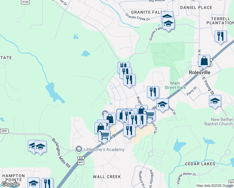 map of restaurants, bars, coffee shops, grocery stores, and more near 400 Grand Rock Way in Rolesville