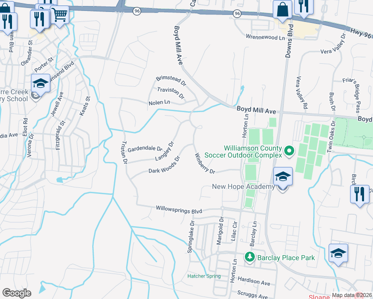 map of restaurants, bars, coffee shops, grocery stores, and more near 3205 Dark Woods Drive in Franklin