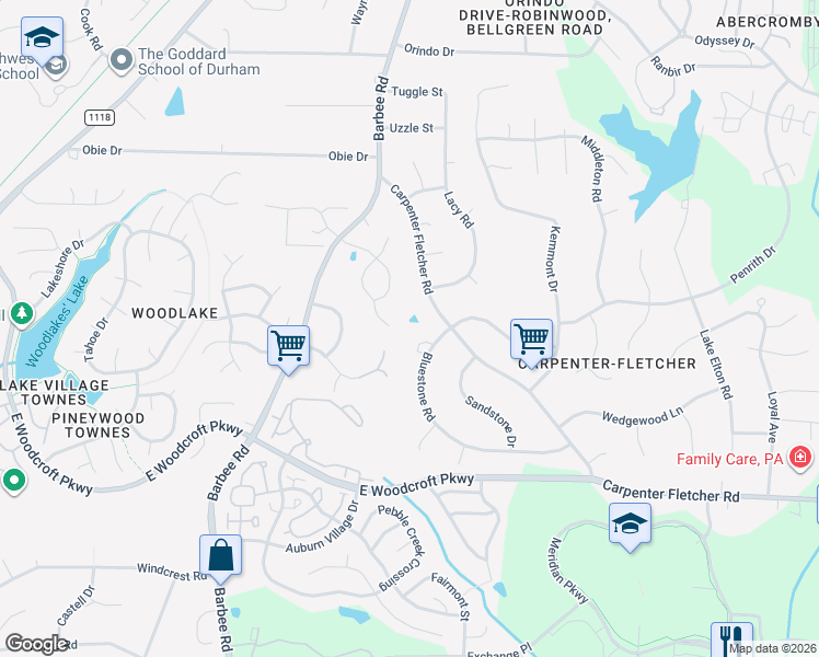 map of restaurants, bars, coffee shops, grocery stores, and more near 735 Bluestone Road in Durham