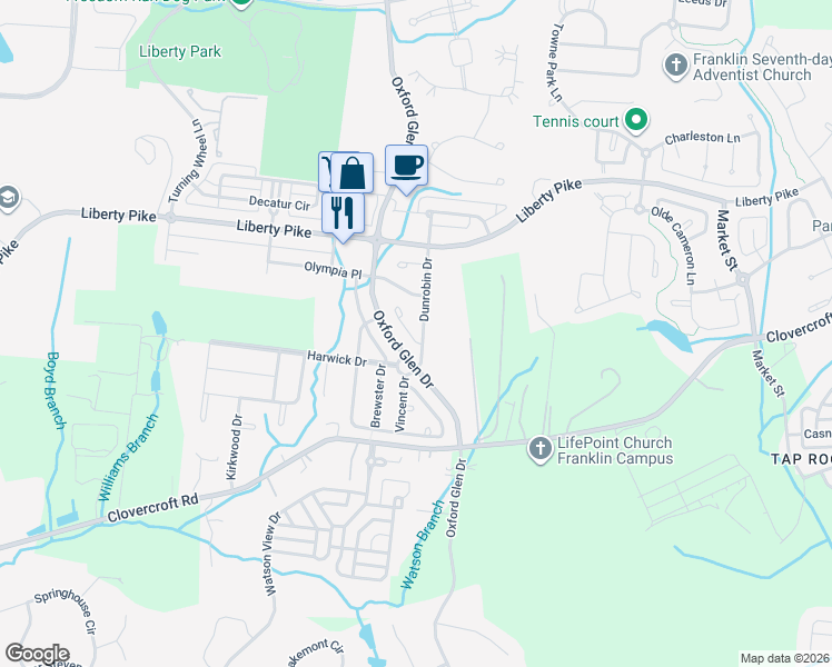 map of restaurants, bars, coffee shops, grocery stores, and more near 1033 Dunrobin Drive in Franklin