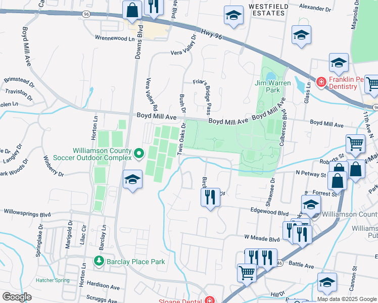 map of restaurants, bars, coffee shops, grocery stores, and more near 1624 Birchwood Circle in Franklin