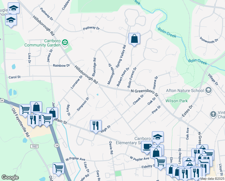 map of restaurants, bars, coffee shops, grocery stores, and more near 1703 North Greensboro Street in Carrboro