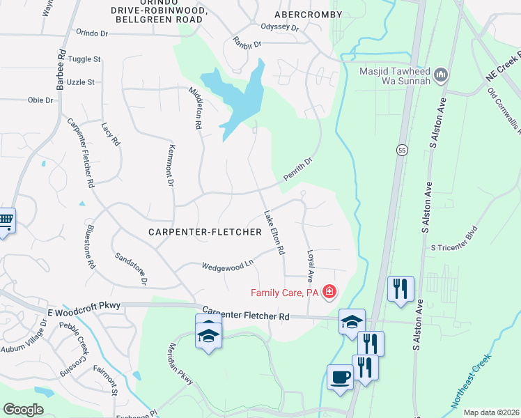map of restaurants, bars, coffee shops, grocery stores, and more near 5420 Loyal Place in Durham