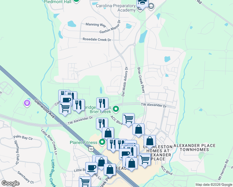 map of restaurants, bars, coffee shops, grocery stores, and more near 501 Brier Crossings Loop in Durham