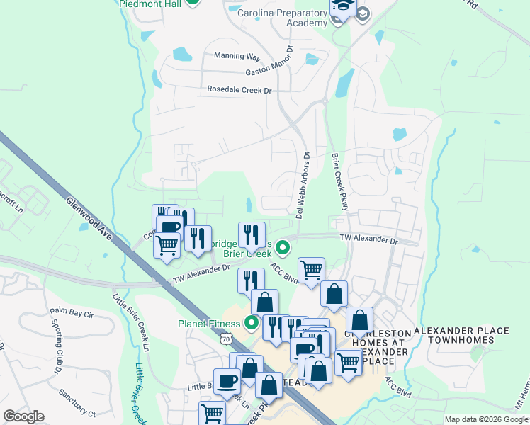 map of restaurants, bars, coffee shops, grocery stores, and more near 531 Brier Crossings Loop in Durham