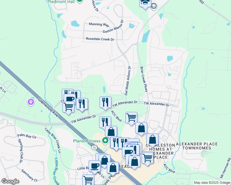 map of restaurants, bars, coffee shops, grocery stores, and more near 531 Brier Crossings Loop in Durham