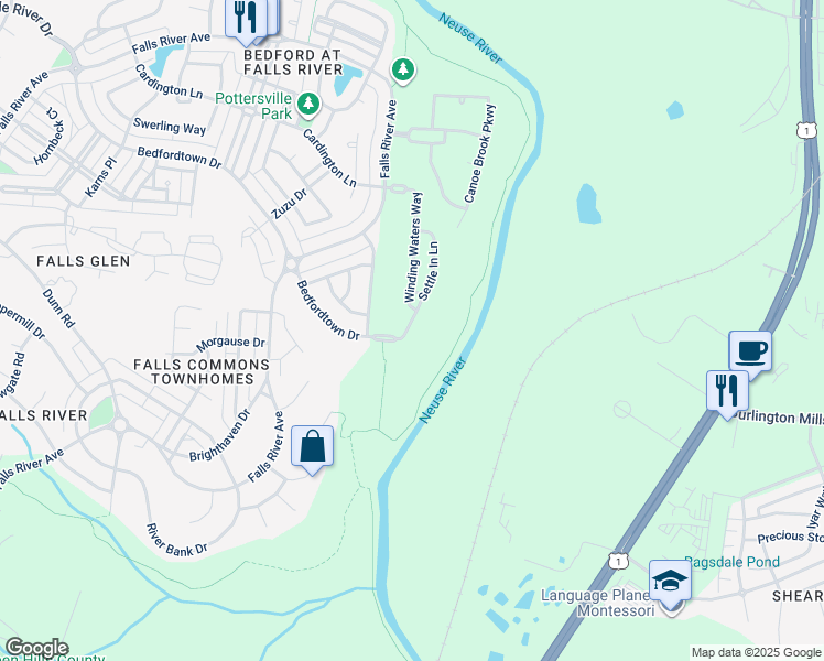 map of restaurants, bars, coffee shops, grocery stores, and more near 2924 Settle In Lane in Raleigh