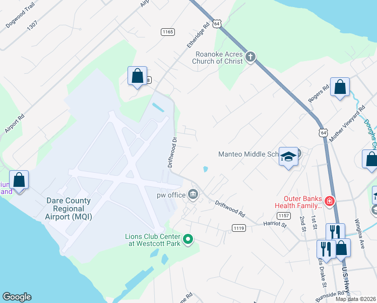 map of restaurants, bars, coffee shops, grocery stores, and more near 108 Sadler Road in Manteo