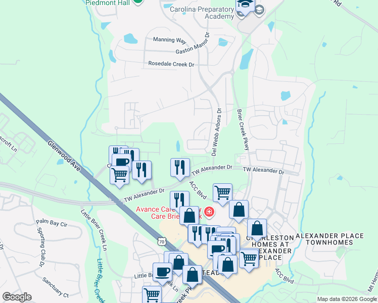 map of restaurants, bars, coffee shops, grocery stores, and more near 531 Brier Crossings Loop in Durham
