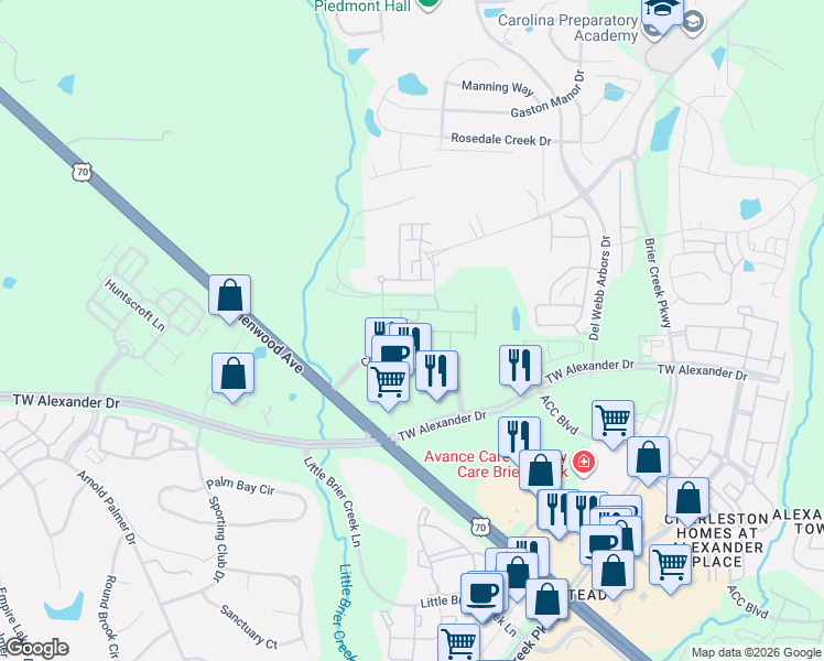 map of restaurants, bars, coffee shops, grocery stores, and more near 4228 Corners Parkway in Raleigh