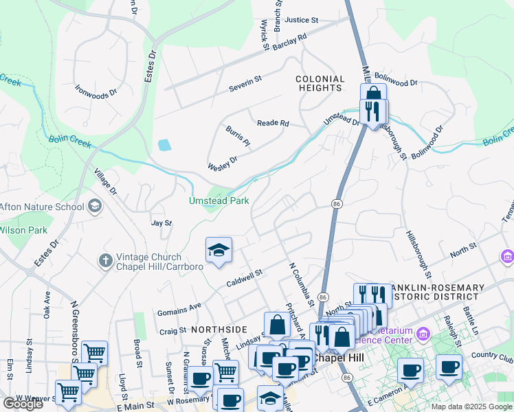 map of restaurants, bars, coffee shops, grocery stores, and more near 800 Pritchard Avenue Extension in Chapel Hill