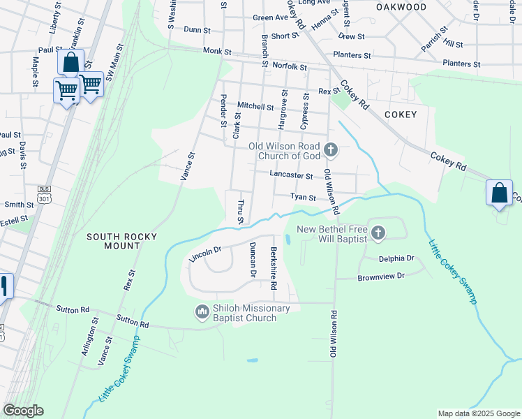 map of restaurants, bars, coffee shops, grocery stores, and more near 1731 Branch Street in Rocky Mount